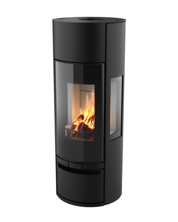 Poêle à bois Vision'R noir de Morvan, offrant une puissance de 6 à 6,4 kW et un rendement de 77 %. Il dispose d'une conception élégante avec une chambre de combustion cylindrique, et des vitres offrant une vision intégrale des flammes. Idéal pour un chauffage performant et écologique avec certification Flamme Verte.