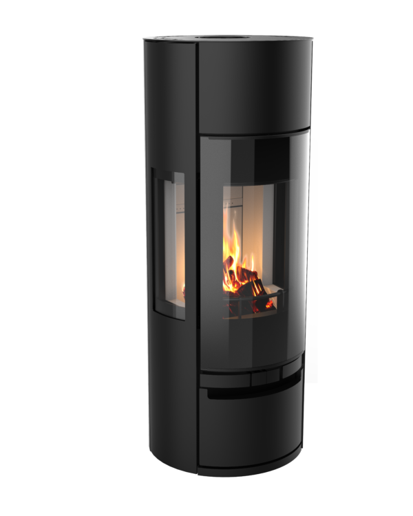 Poêle à bois Vision'R noir de Morvan, offrant une puissance de 6 à 6,4 kW et un rendement de 77 %. Il dispose d'une conception élégante avec une chambre de combustion cylindrique, et des vitres offrant une vision intégrale des flammes. Idéal pour un chauffage performant et écologique avec certification Flamme Verte.