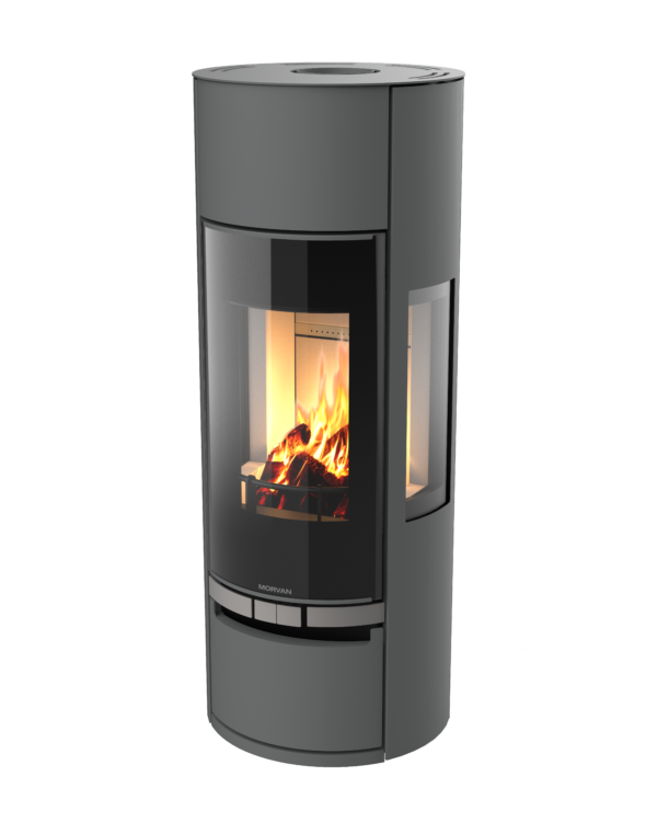 Poêle à bois Vision'R gris de Morvan, offrant une puissance de 6 à 6,4 kW et un rendement de 77 %. Il dispose d'une conception élégante avec une chambre de combustion cylindrique, et des vitres offrant une vision intégrale des flammes. Idéal pour un chauffage performant et écologique avec certification Flamme Verte.